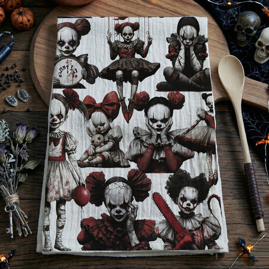 Creepy Clown Dolls Halloween Flour Sack Kitchen Towel