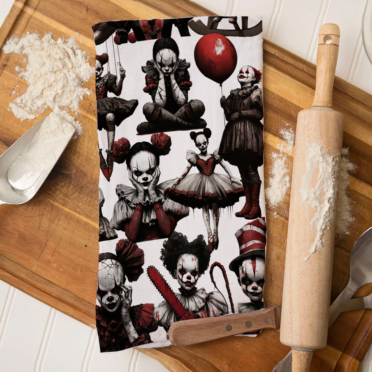 Creepy Clown Dolls Halloween Flour Sack Kitchen Towel