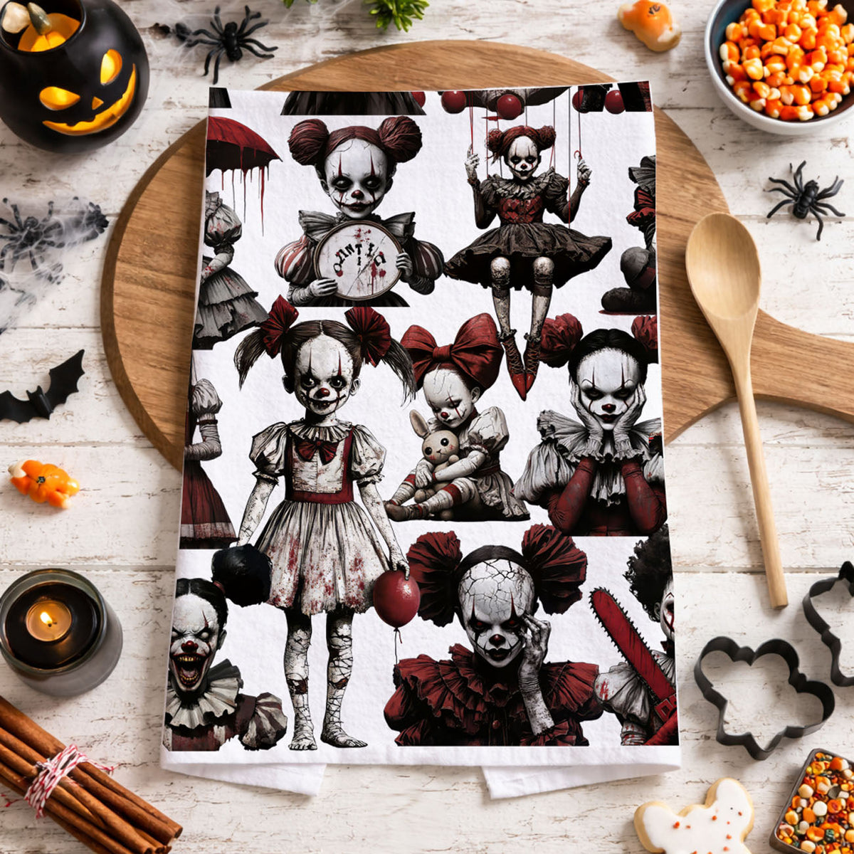 Creepy Clown Dolls Halloween Flour Sack Kitchen Towel