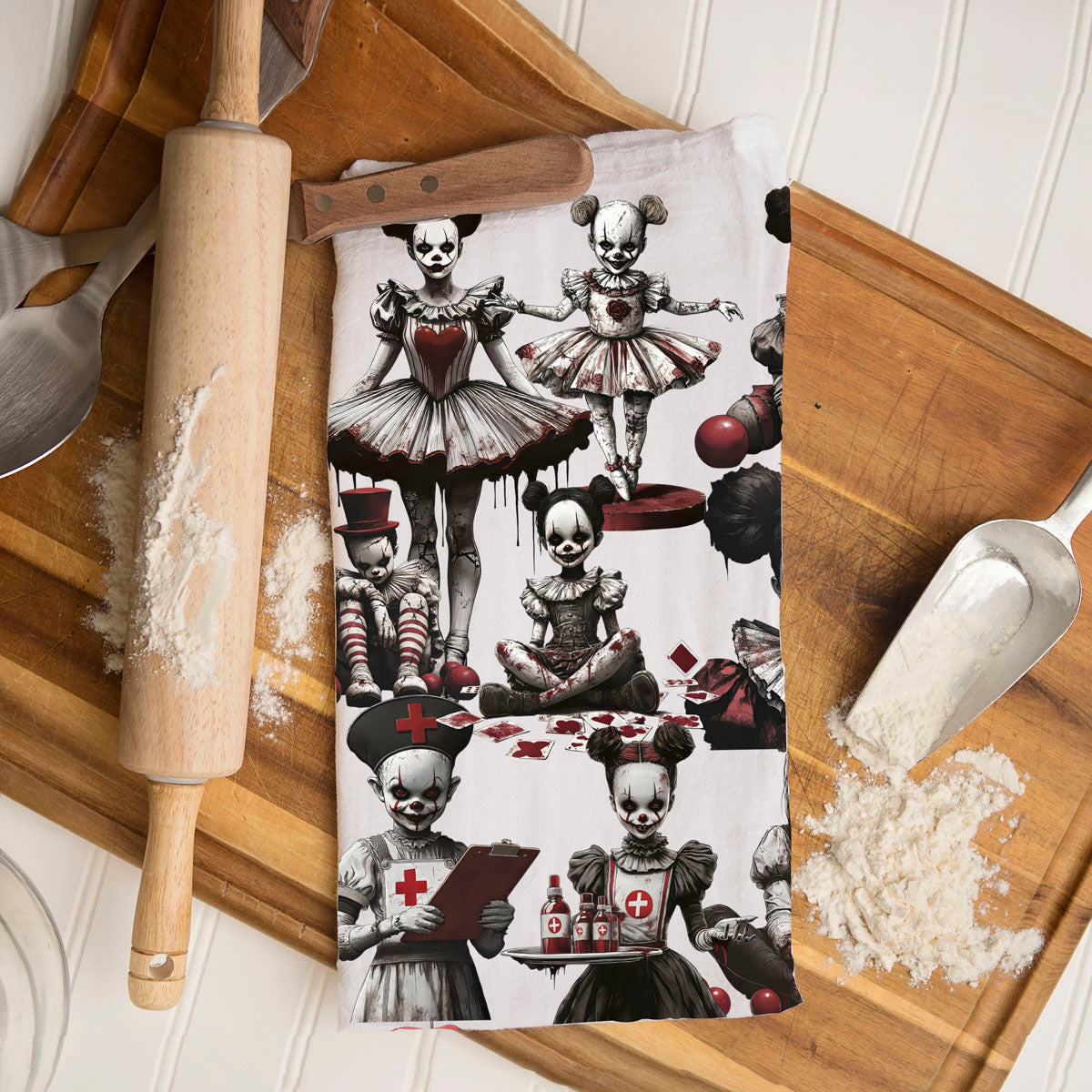 Creepy Clown Dolls Halloween Flour Sack Kitchen Towel