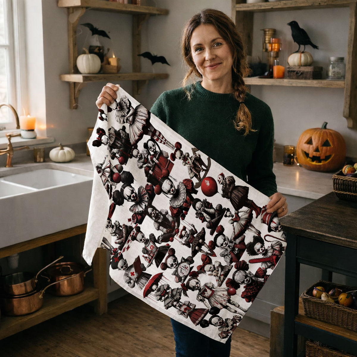 Creepy Clown Dolls Halloween Flour Sack Kitchen Towel