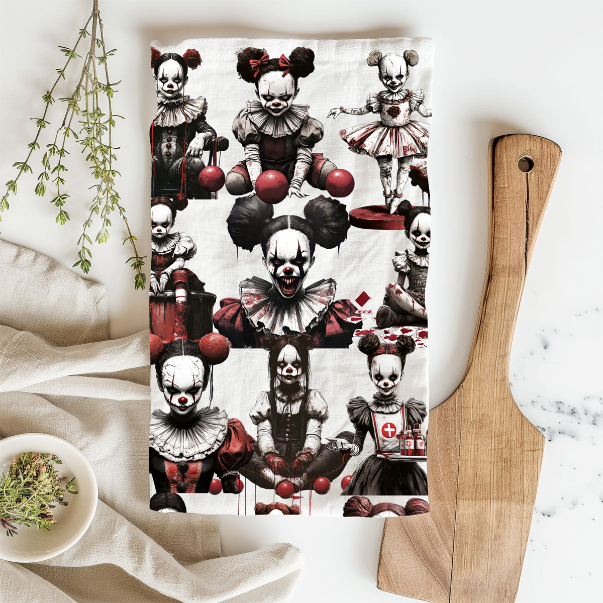 Creepy Clown Dolls Halloween Flour Sack Kitchen Towel
