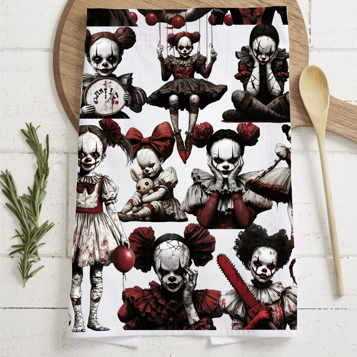 Creepy Clown Dolls Halloween Flour Sack Kitchen Towel