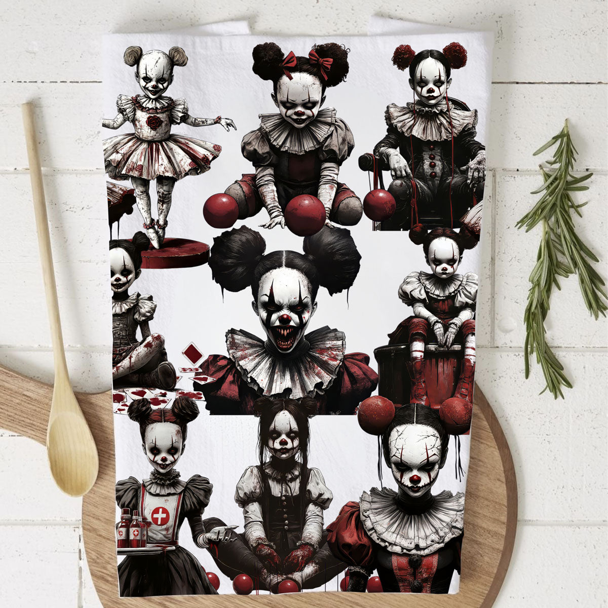 Creepy Clown Dolls Halloween Flour Sack Kitchen Towel