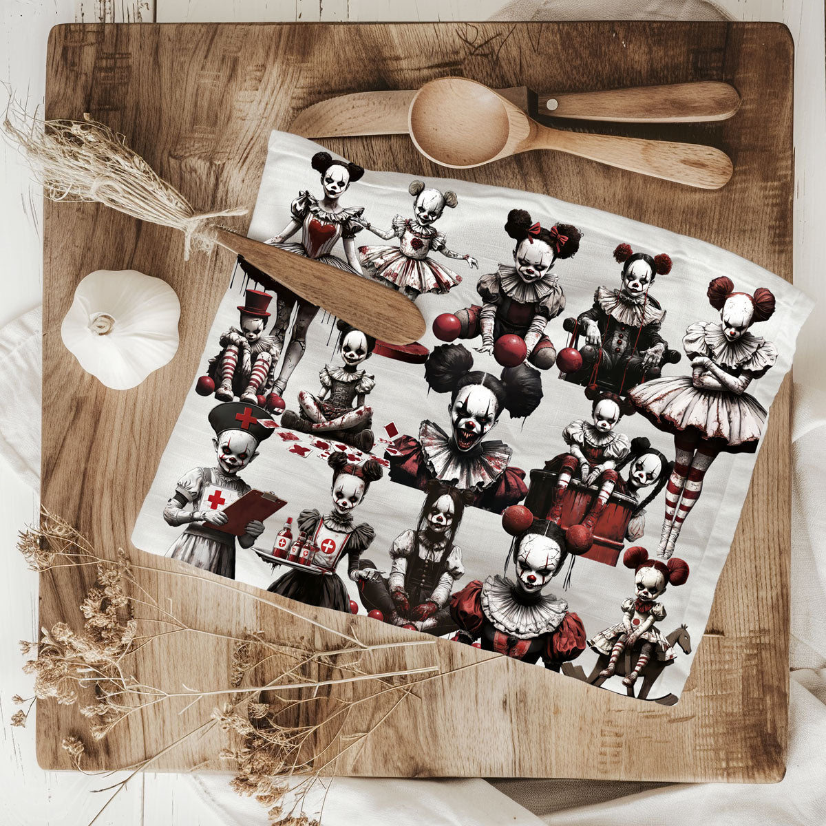 Creepy Clown Dolls Halloween Flour Sack Kitchen Towel