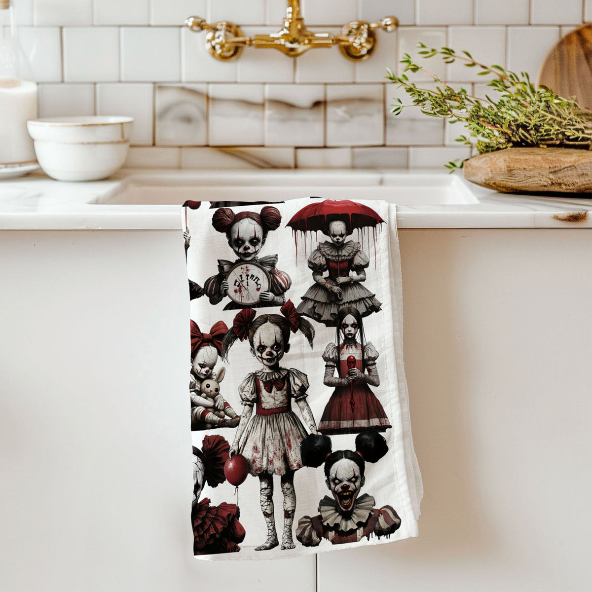 Creepy Clown Dolls Halloween Flour Sack Kitchen Towel