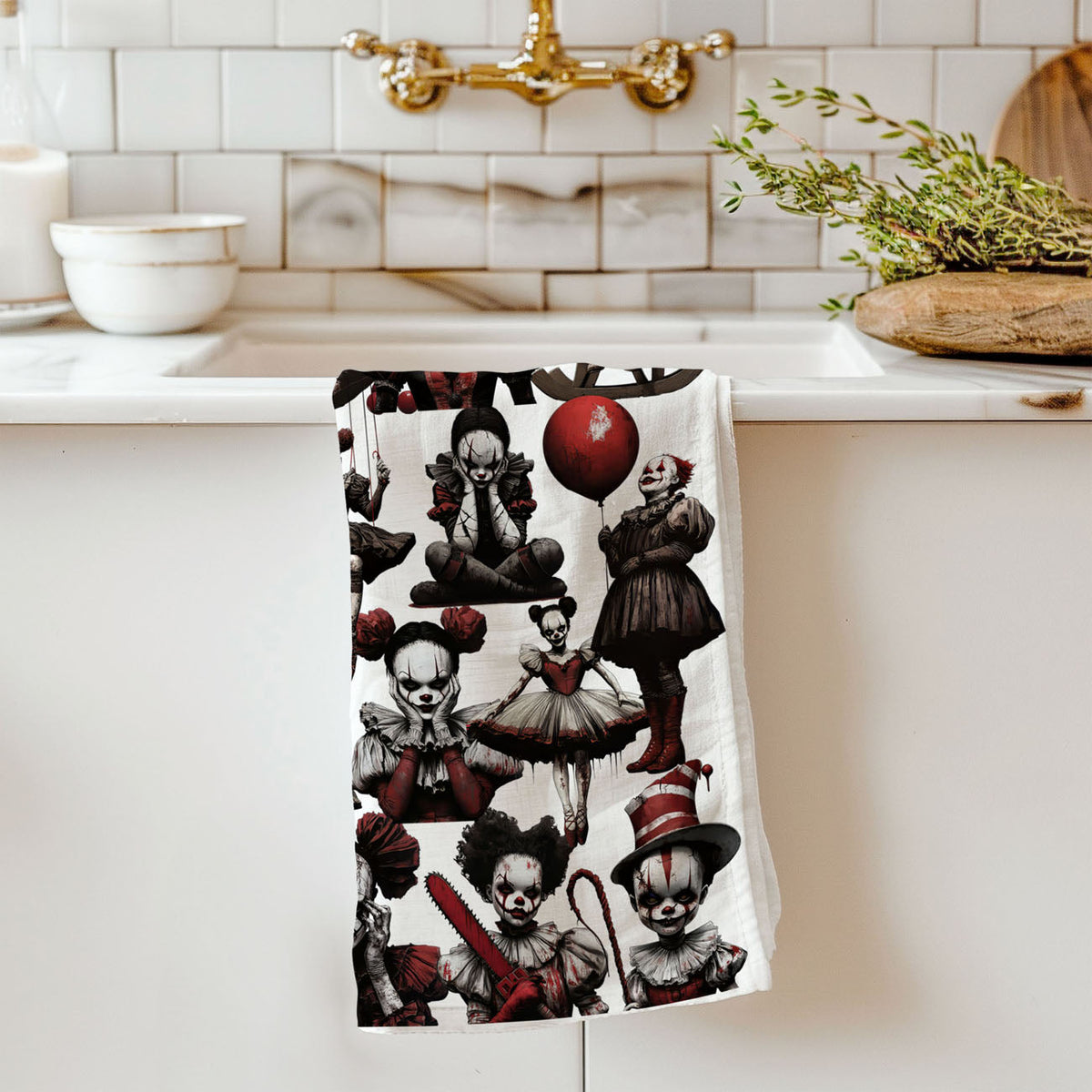 Creepy Clown Dolls Halloween Flour Sack Kitchen Towel
