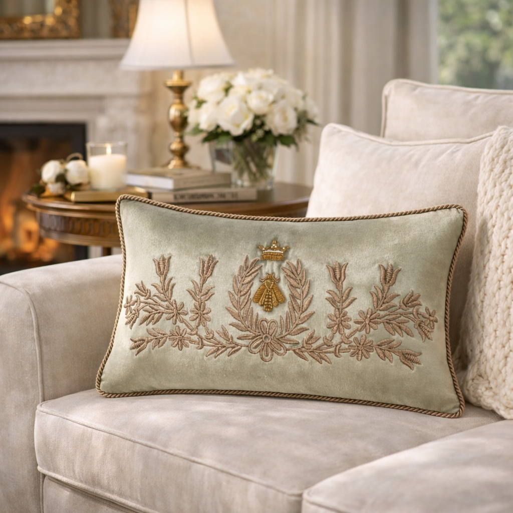 Regina Silk Velvet Lumbar Pillow Cover, Embroidered Bumblebee, 12 x 20