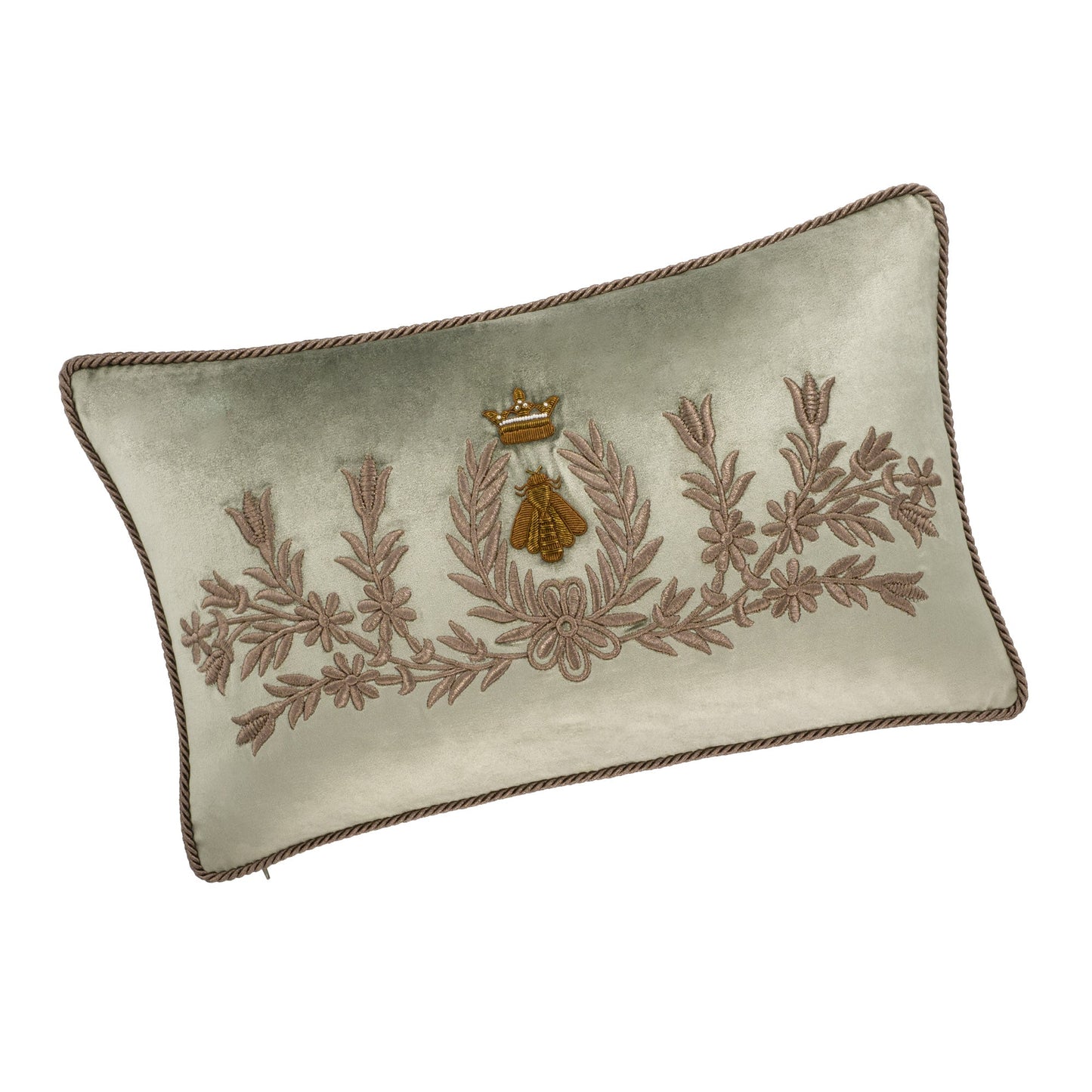 Regina Silk Velvet Lumbar Pillow Cover, Embroidered Bumblebee, 12 x 20