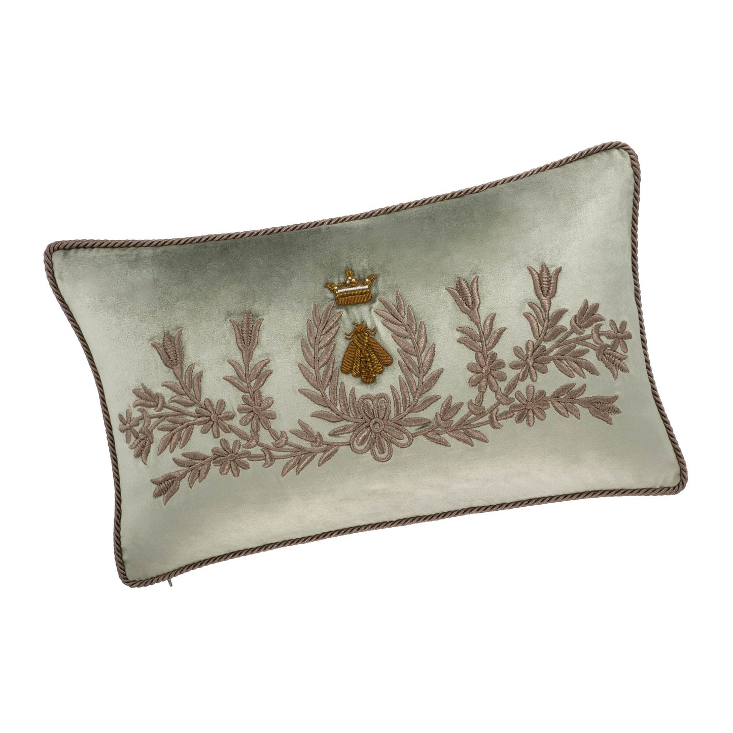 Regina Silk Velvet Lumbar Pillow Cover, Embroidered Bumblebee, 12 x 20