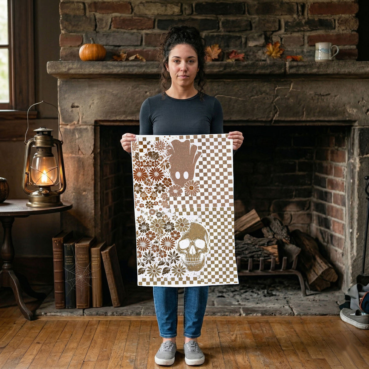 Retro Checkered Ghost & Skull Halloween Flour Sack Kitchen Towel
