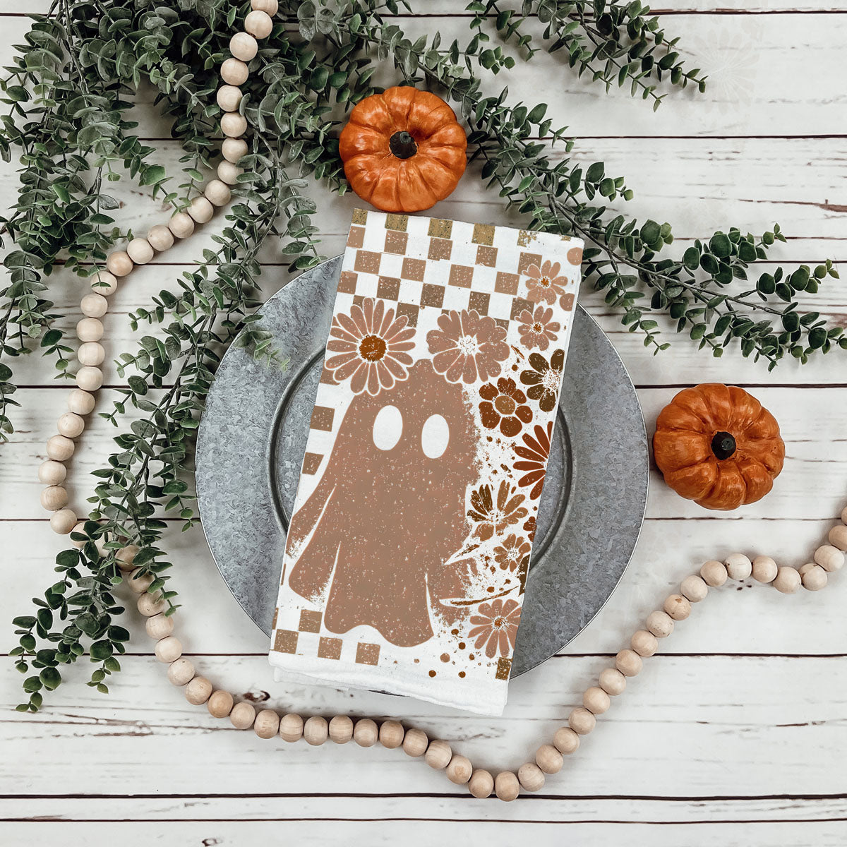Retro Checkered Ghost & Skull Halloween Flour Sack Kitchen Towel
