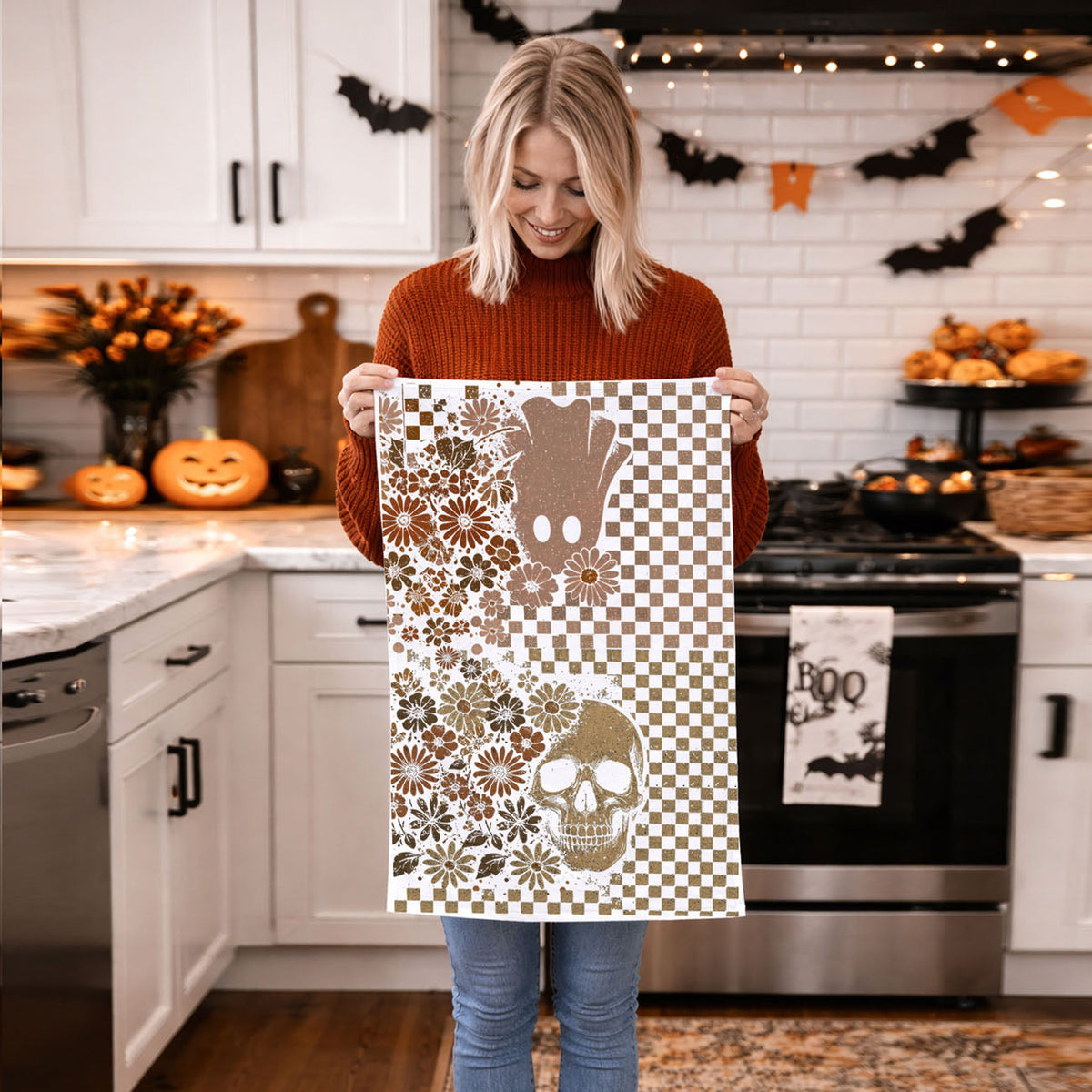 Retro Checkered Ghost & Skull Halloween Flour Sack Kitchen Towel