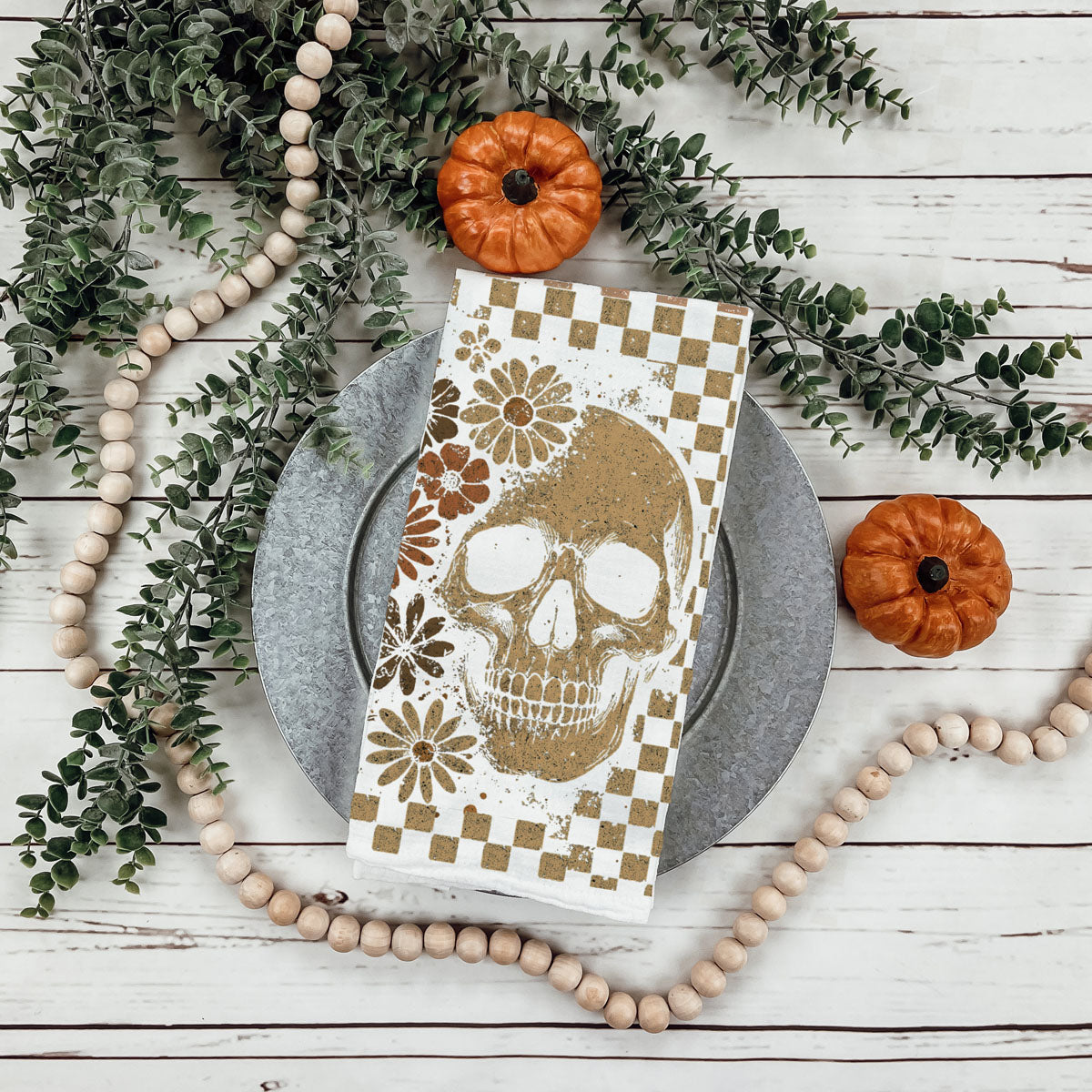 Retro Checkered Ghost & Skull Halloween Flour Sack Kitchen Towel