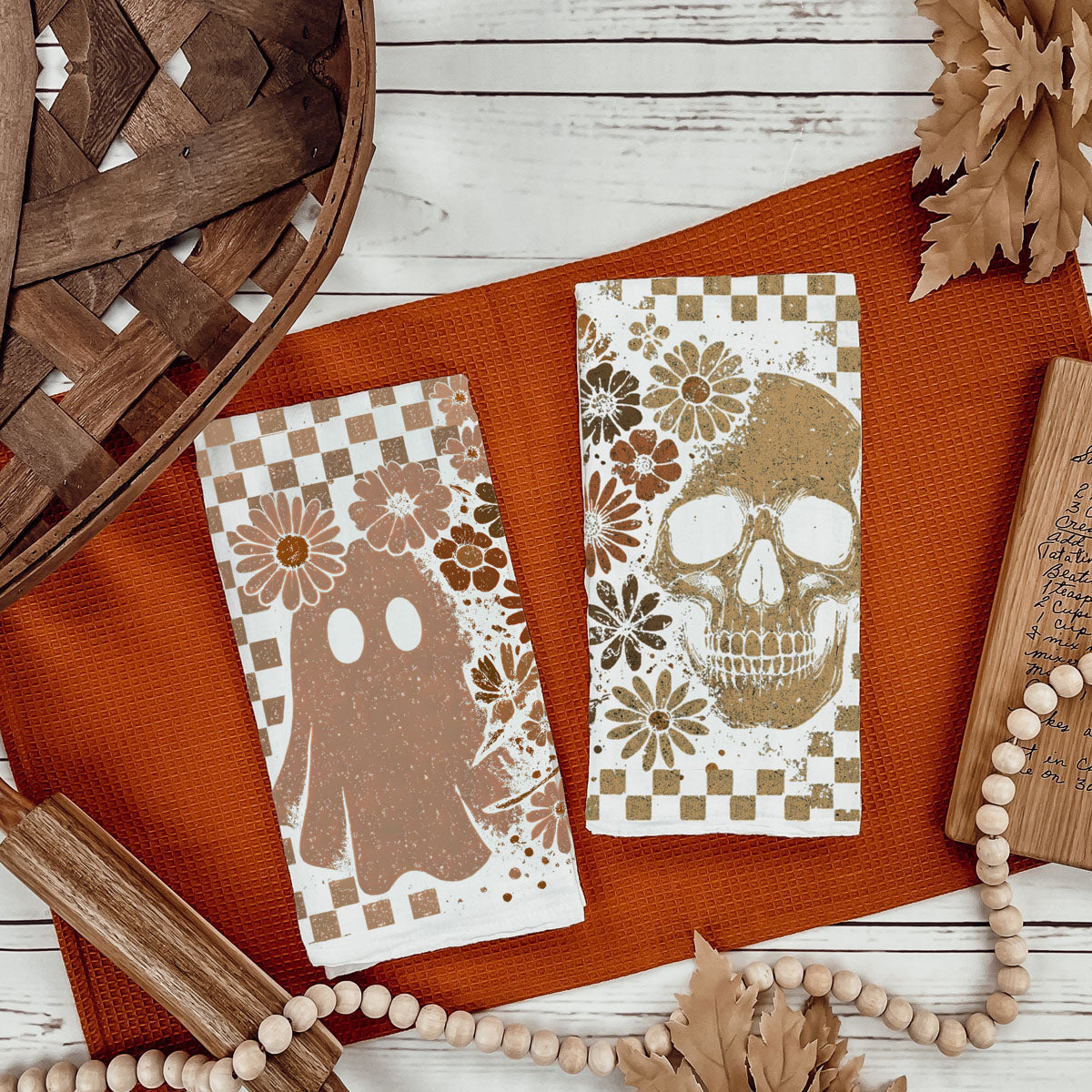 Retro Checkered Ghost & Skull Halloween Flour Sack Kitchen Towel