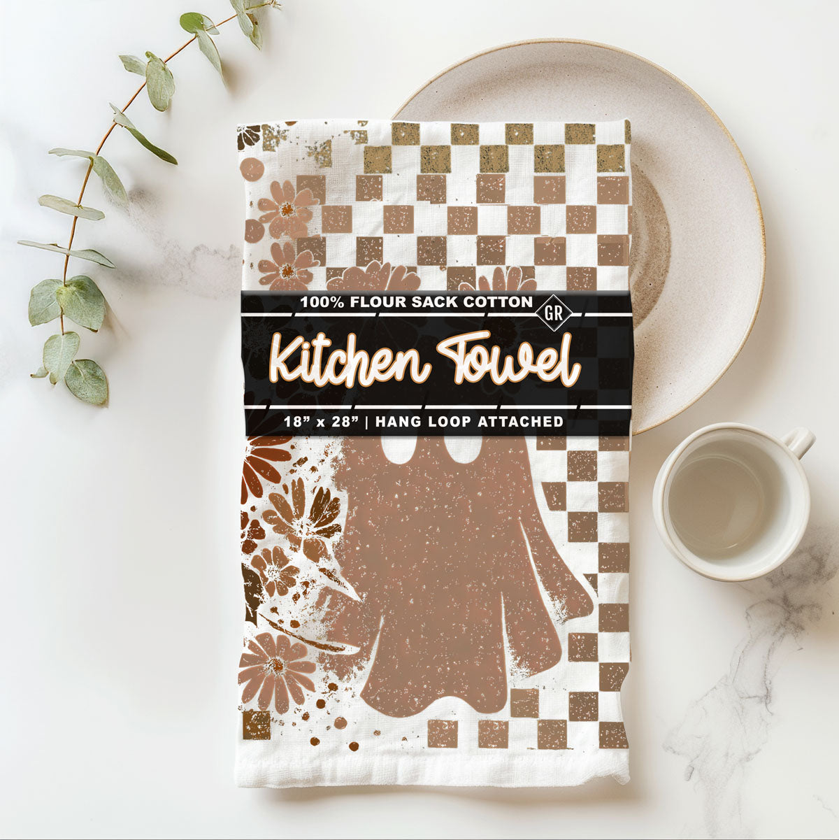 Retro Checkered Ghost & Skull Halloween Flour Sack Kitchen Towel