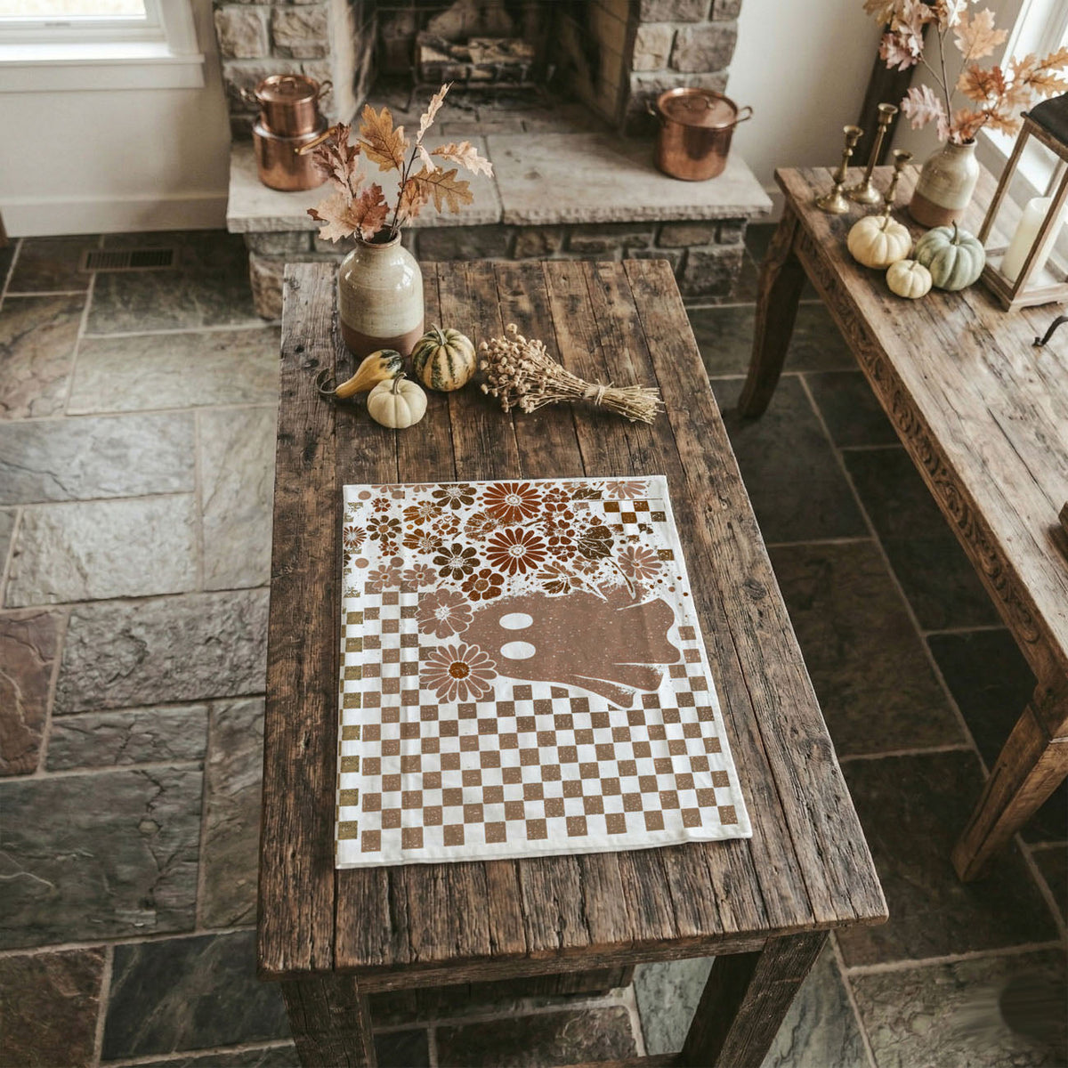Retro Checkered Ghost & Skull Halloween Flour Sack Kitchen Towel