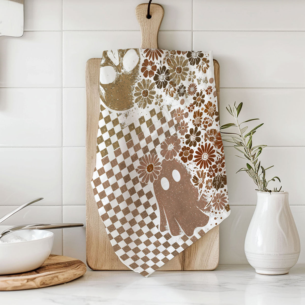 Retro Checkered Ghost & Skull Halloween Flour Sack Kitchen Towel