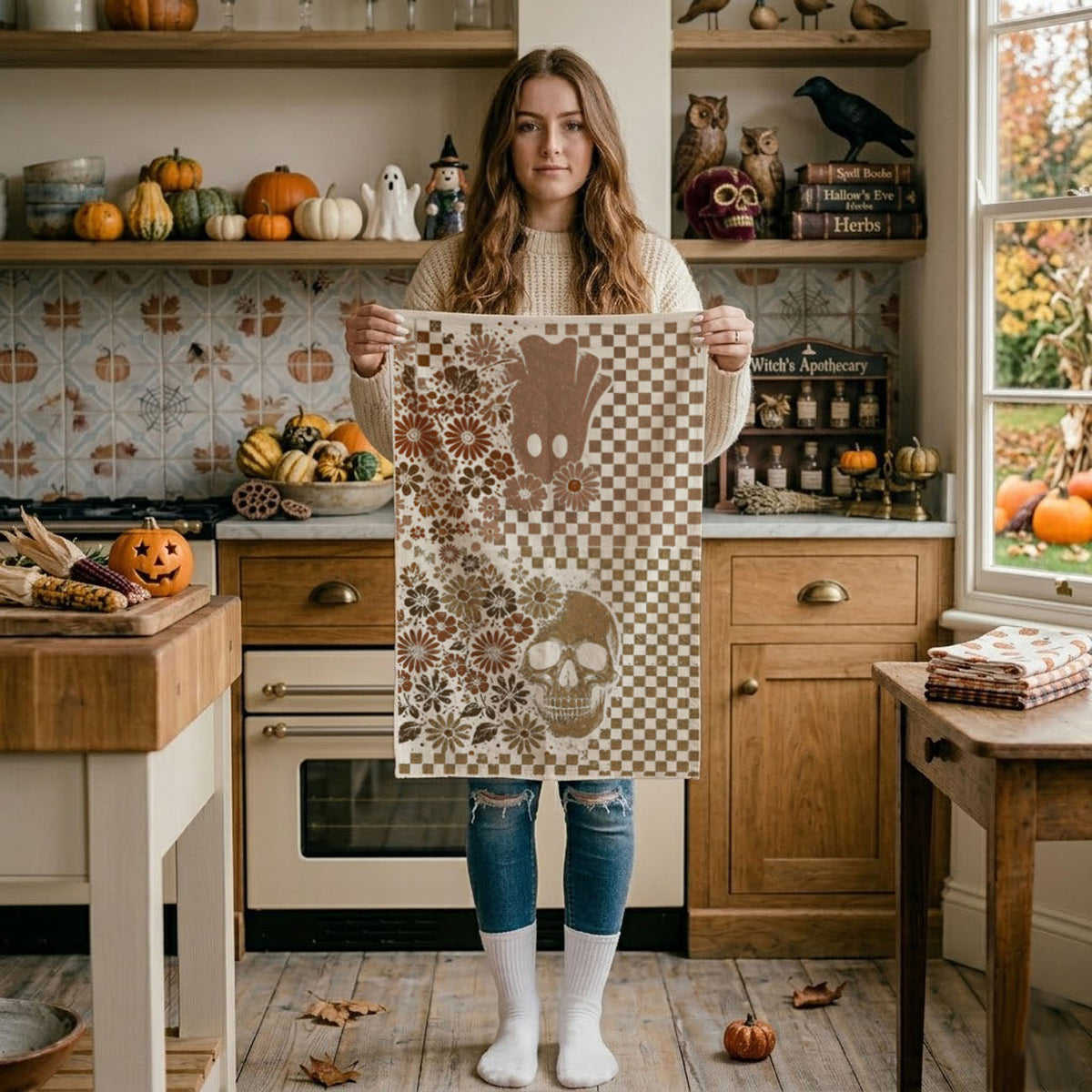 Retro Checkered Ghost & Skull Halloween Flour Sack Kitchen Towel