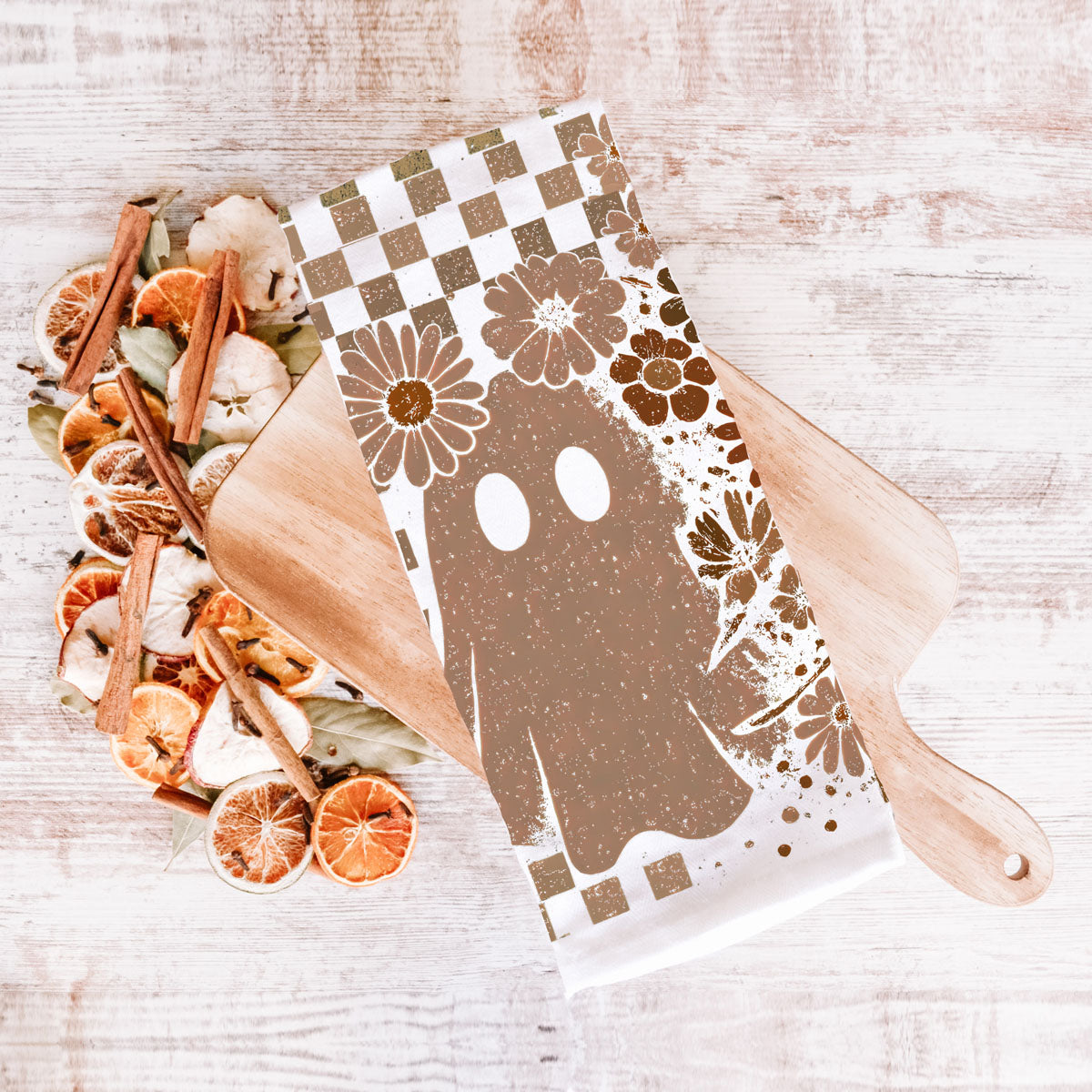 Retro Checkered Ghost & Skull Halloween Flour Sack Kitchen Towel