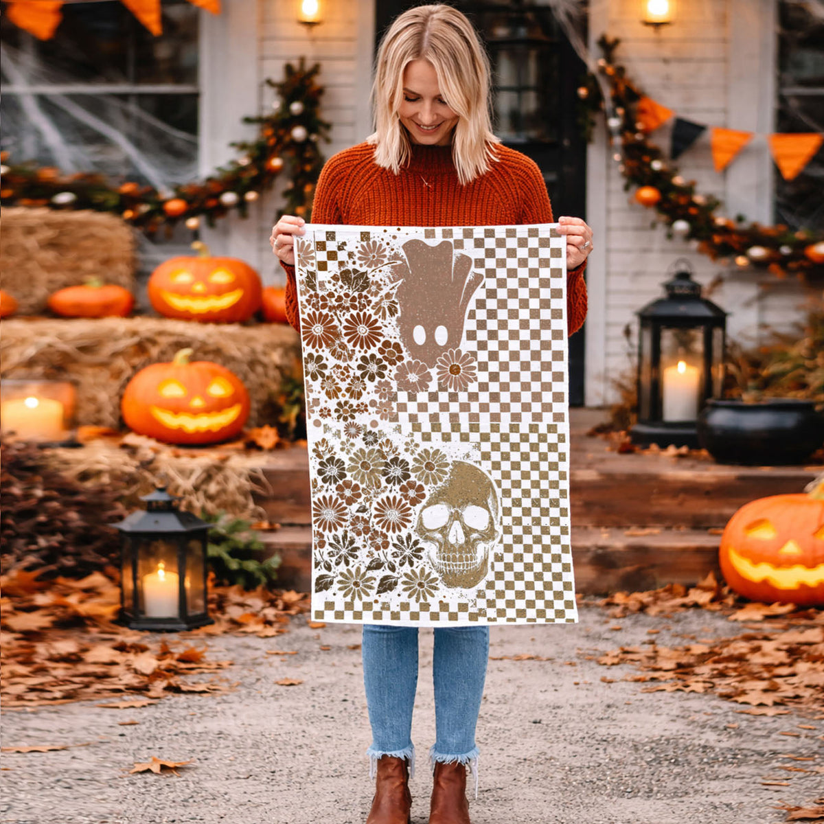 Retro Checkered Ghost & Skull Halloween Flour Sack Kitchen Towel
