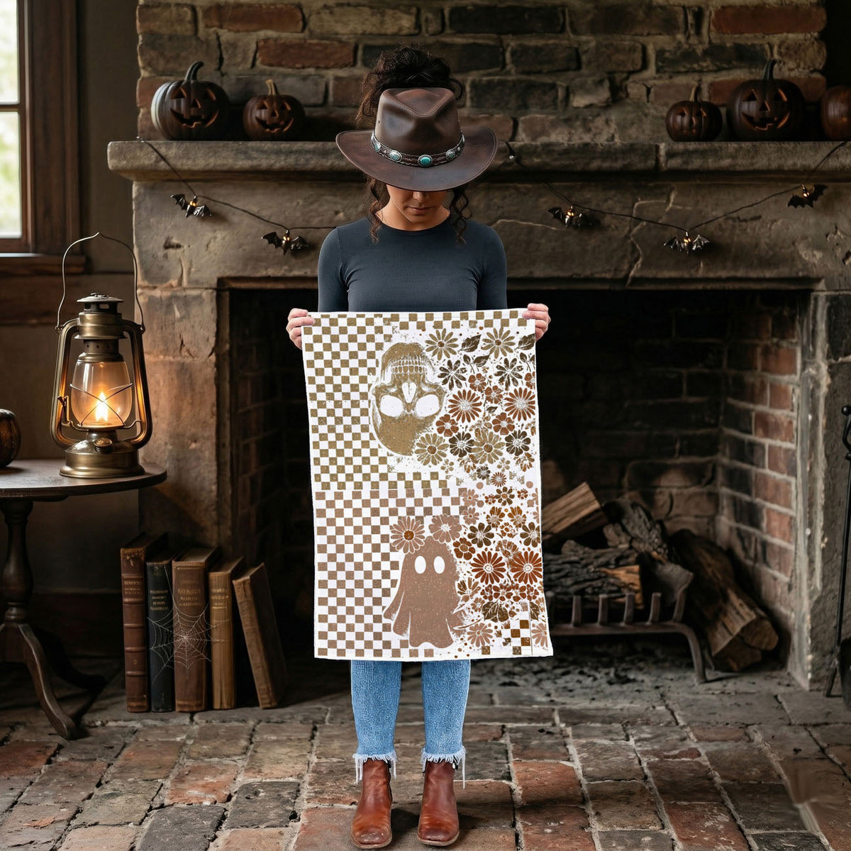 Retro Checkered Ghost & Skull Halloween Flour Sack Kitchen Towel