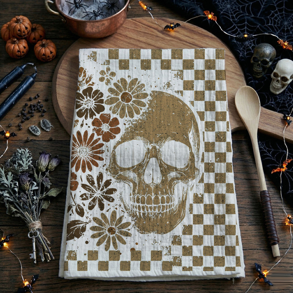 Retro Checkered Ghost & Skull Halloween Flour Sack Kitchen Towel