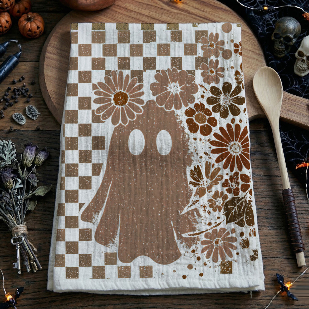 Retro Checkered Ghost & Skull Halloween Flour Sack Kitchen Towel