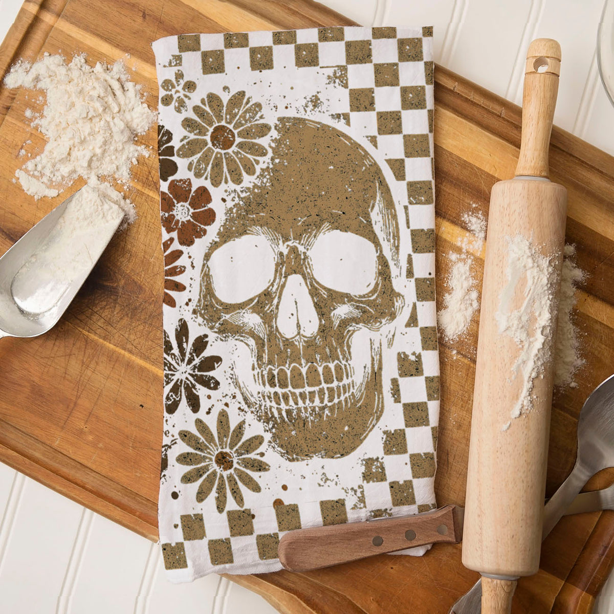 Retro Checkered Ghost & Skull Halloween Flour Sack Kitchen Towel