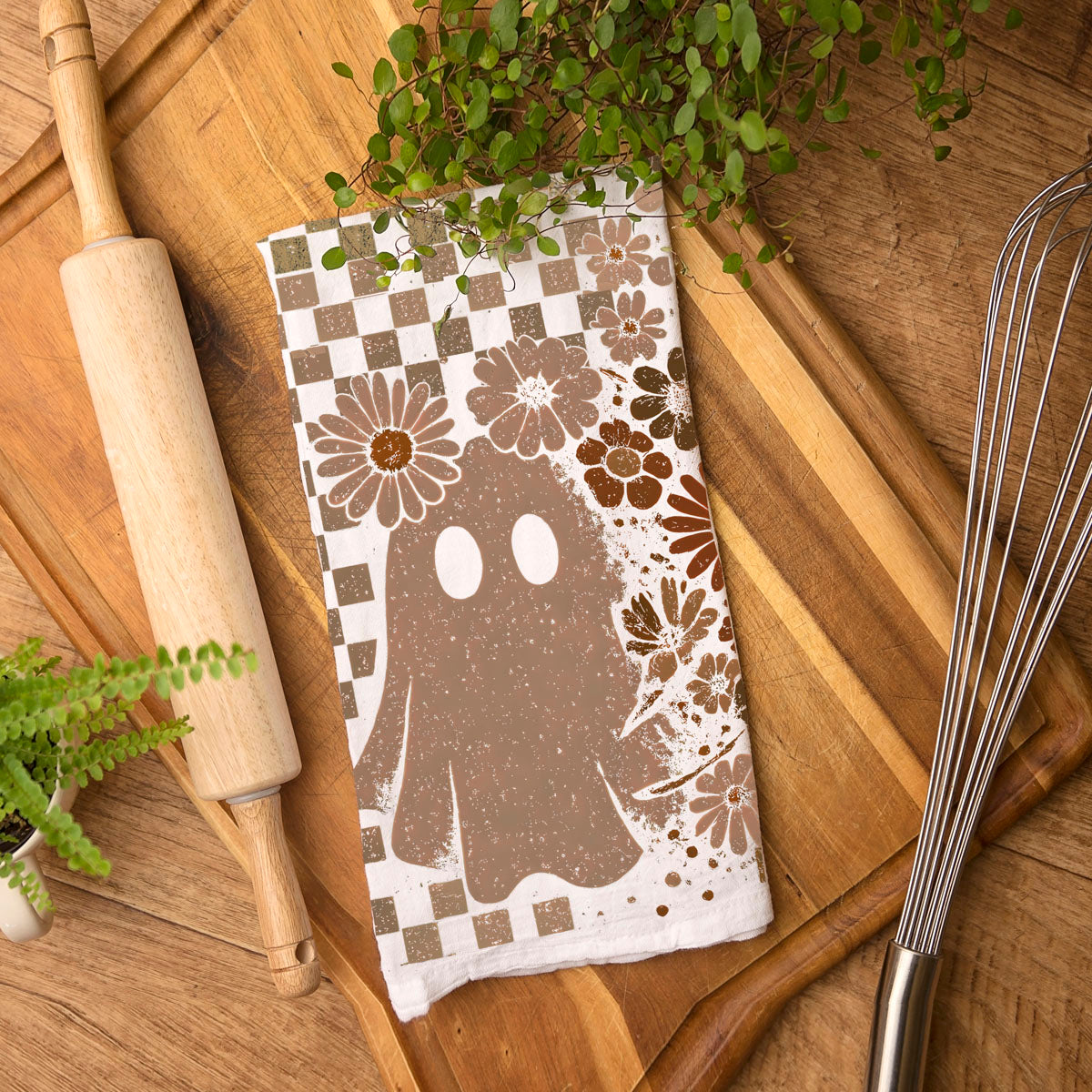Retro Checkered Ghost & Skull Halloween Flour Sack Kitchen Towel