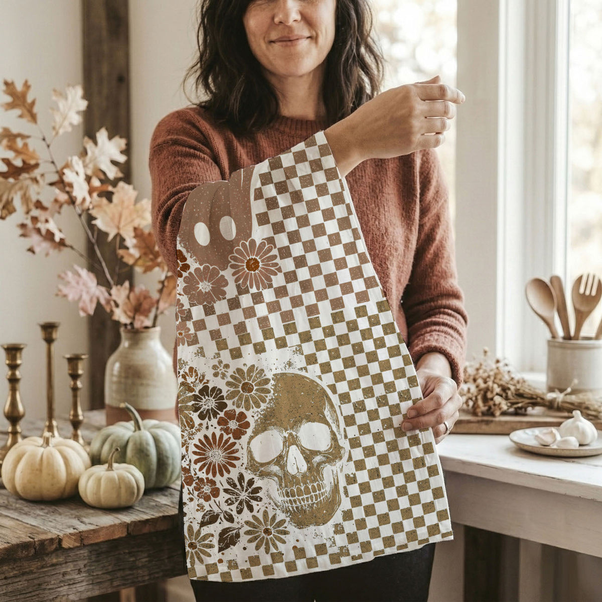 Retro Checkered Ghost & Skull Halloween Flour Sack Kitchen Towel