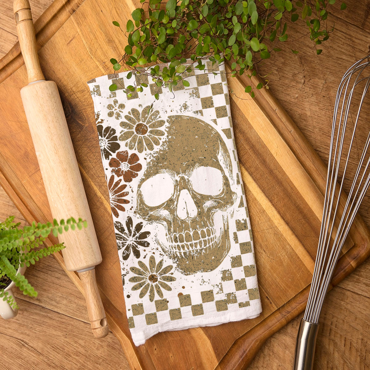 Retro Checkered Ghost & Skull Halloween Flour Sack Kitchen Towel