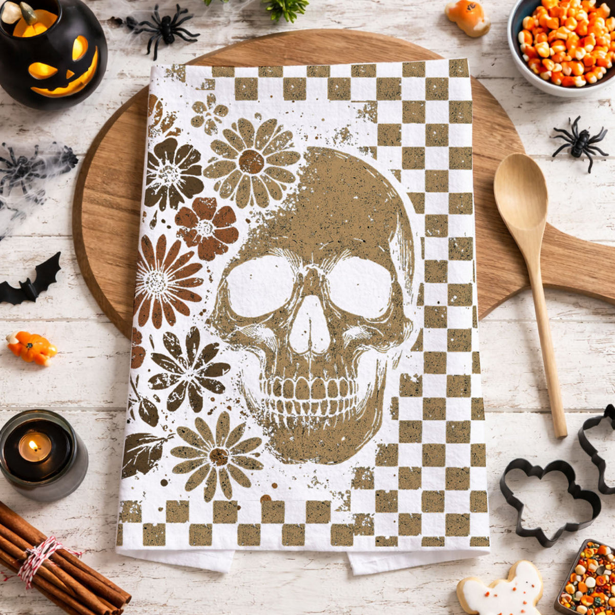 Retro Checkered Ghost & Skull Halloween Flour Sack Kitchen Towel
