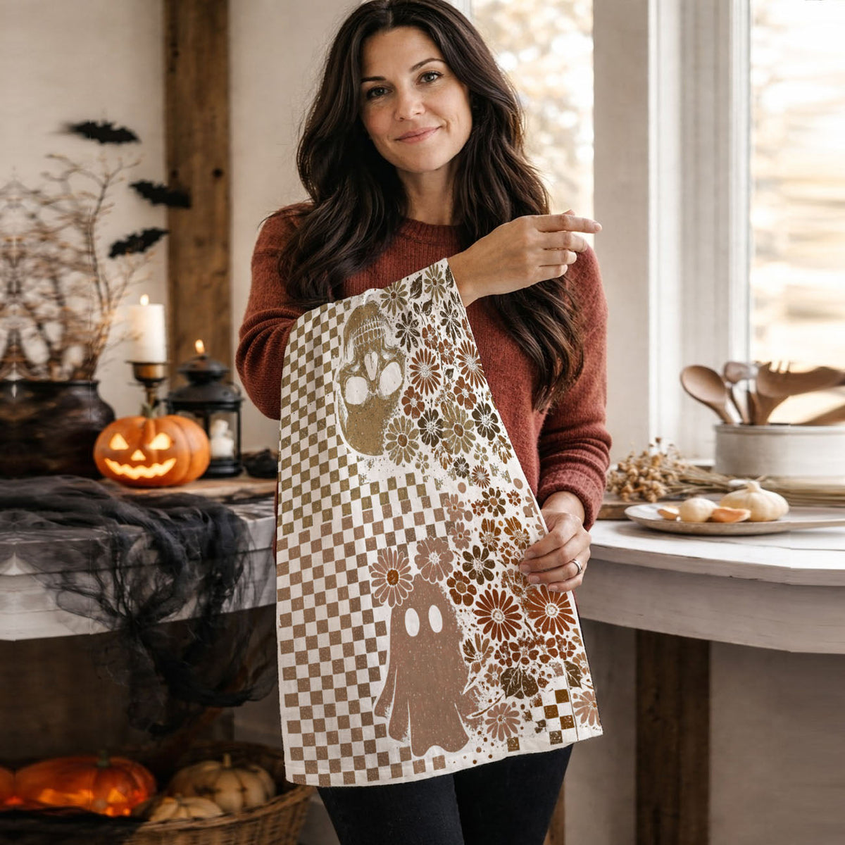 Retro Checkered Ghost & Skull Halloween Flour Sack Kitchen Towel