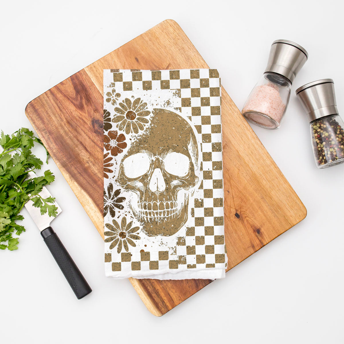 Retro Checkered Ghost & Skull Halloween Flour Sack Kitchen Towel