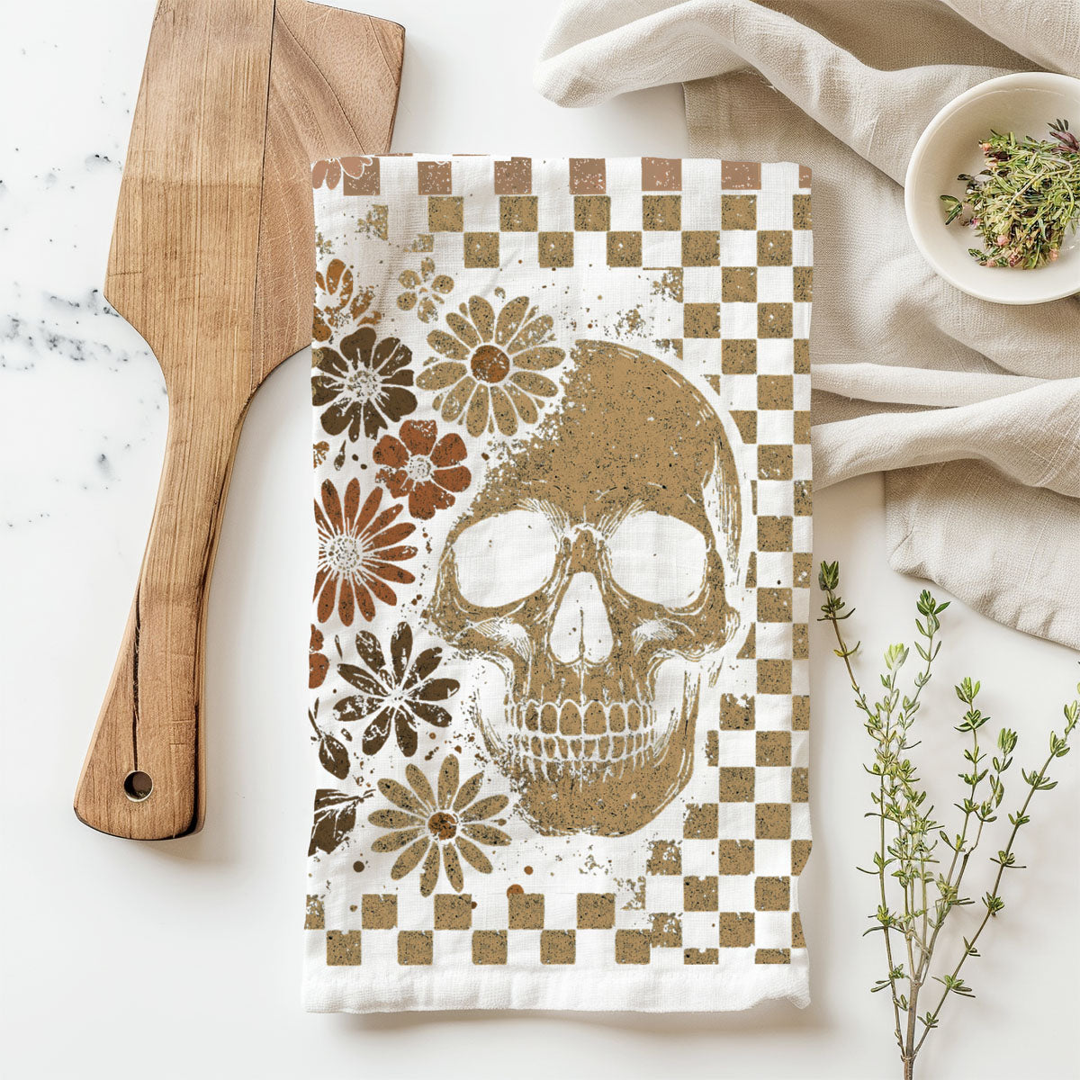 Retro Checkered Ghost & Skull Halloween Flour Sack Kitchen Towel