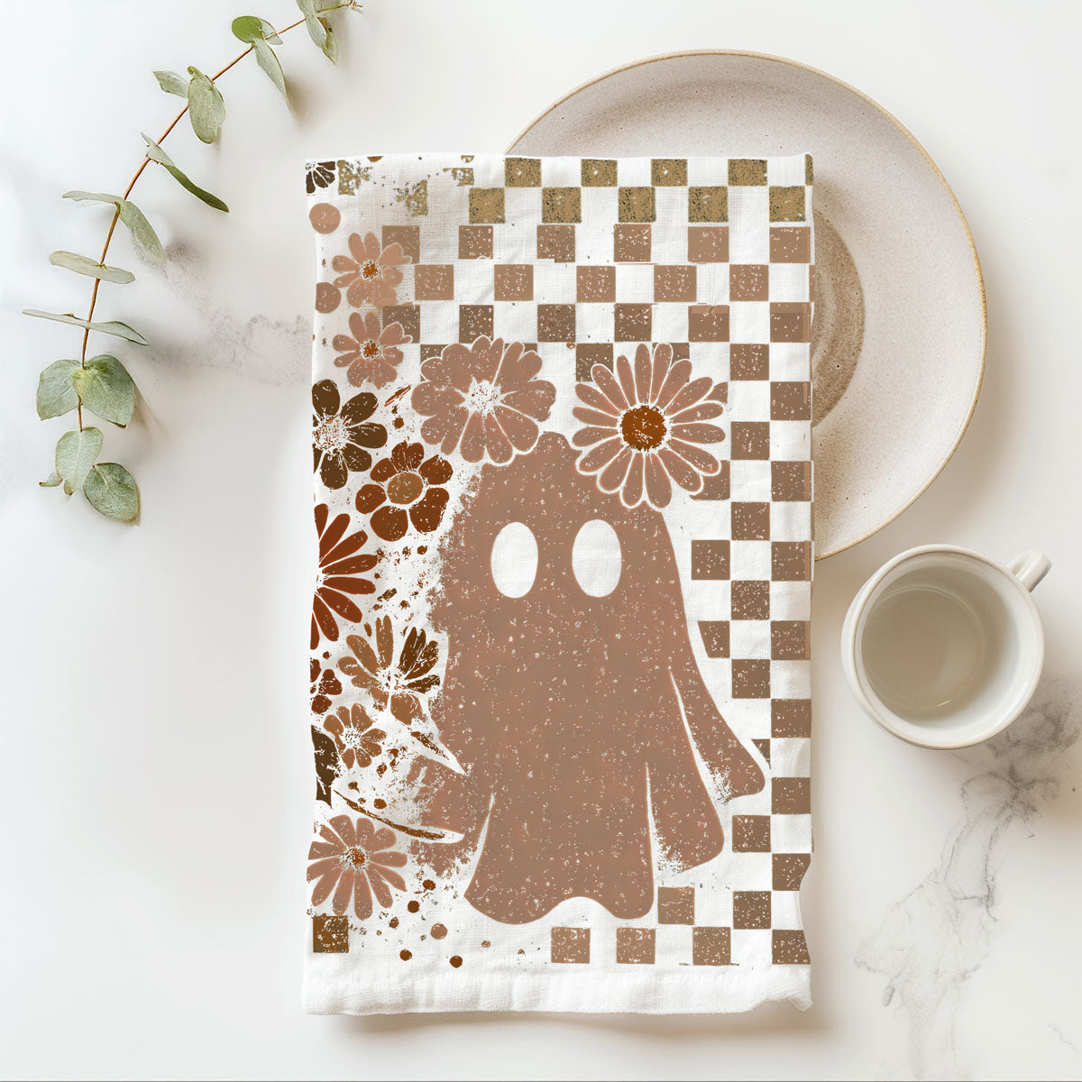 Retro Checkered Ghost & Skull Halloween Flour Sack Kitchen Towel