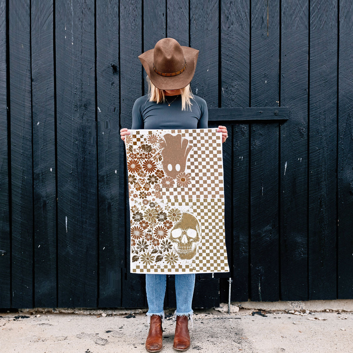 Retro Checkered Ghost & Skull Halloween Flour Sack Kitchen Towel