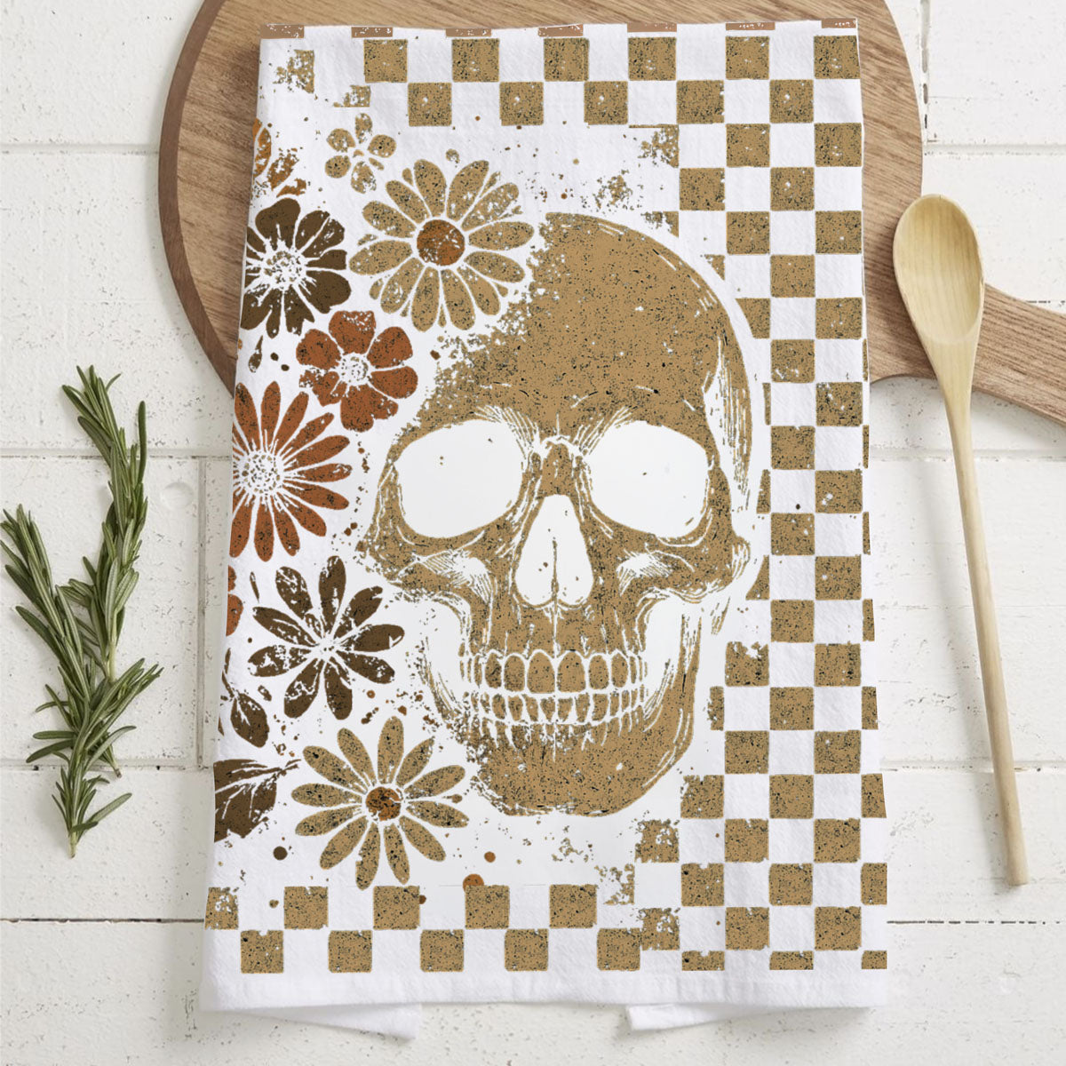 Retro Checkered Ghost & Skull Halloween Flour Sack Kitchen Towel