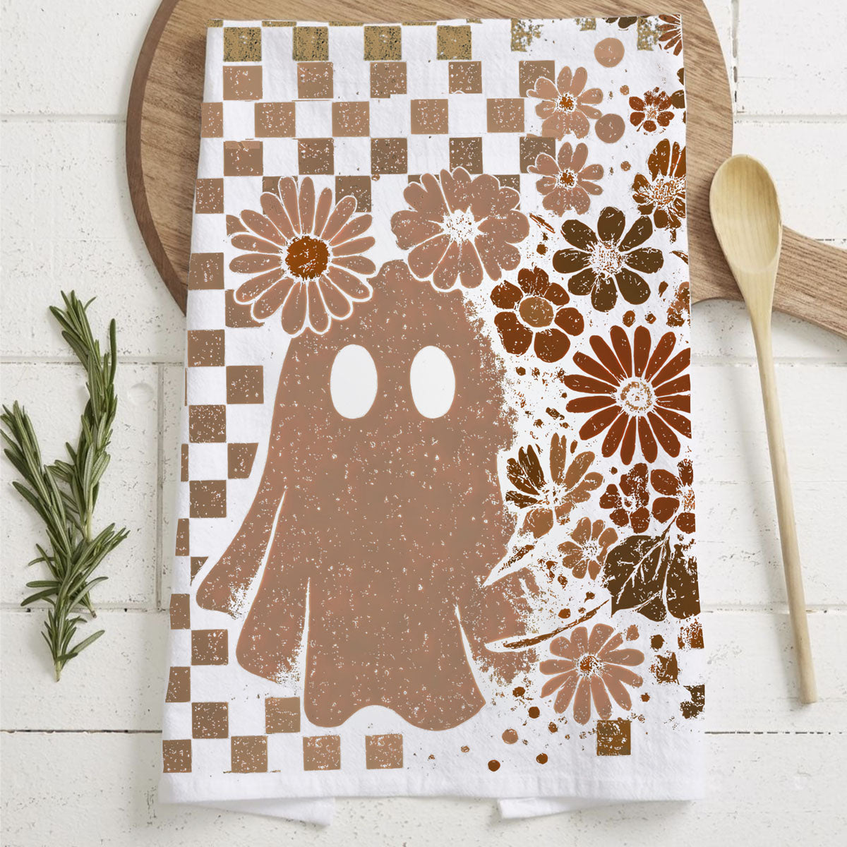 Retro Checkered Ghost & Skull Halloween Flour Sack Kitchen Towel