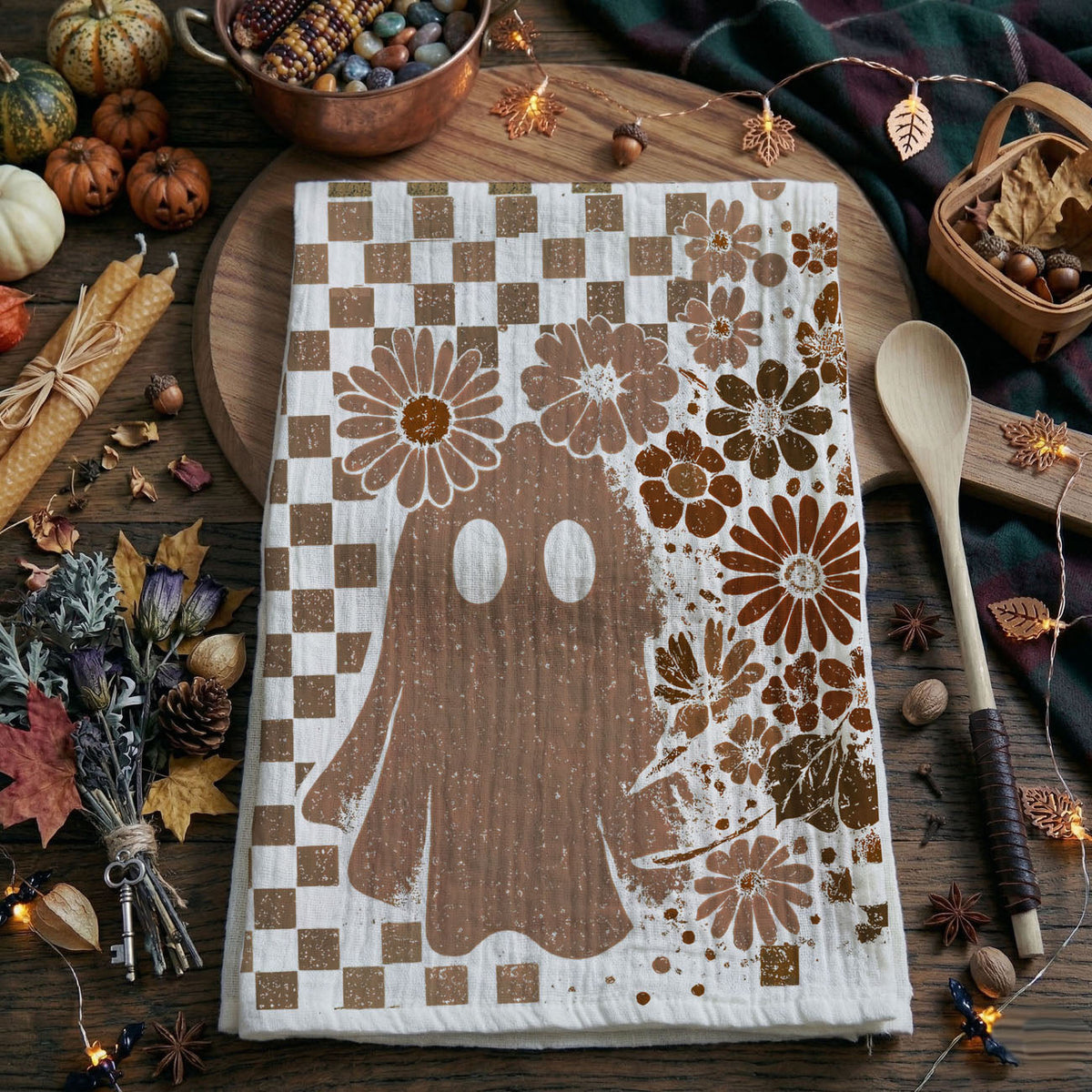 Retro Checkered Ghost & Skull Halloween Flour Sack Kitchen Towel