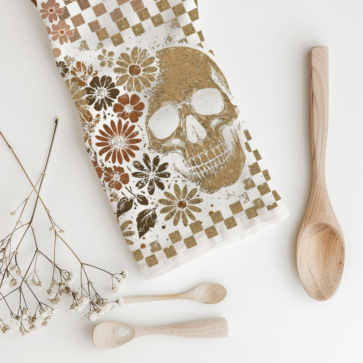Retro Checkered Ghost & Skull Halloween Flour Sack Kitchen Towel