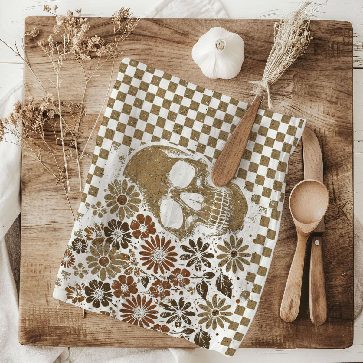 Retro Checkered Ghost & Skull Halloween Flour Sack Kitchen Towel