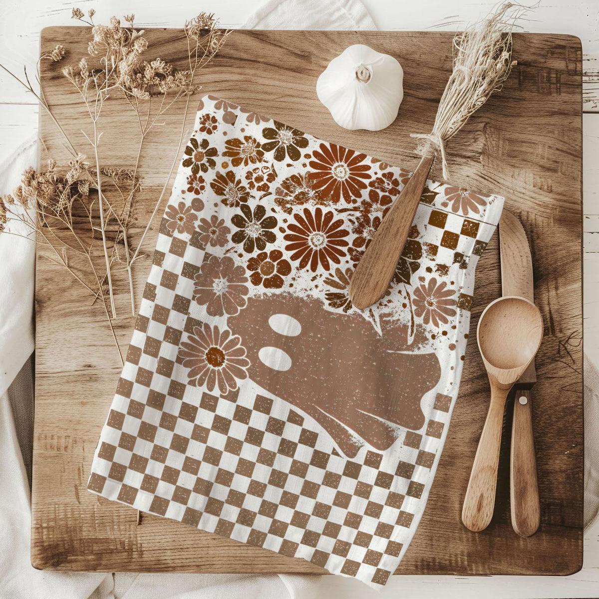 Retro Checkered Ghost & Skull Halloween Flour Sack Kitchen Towel