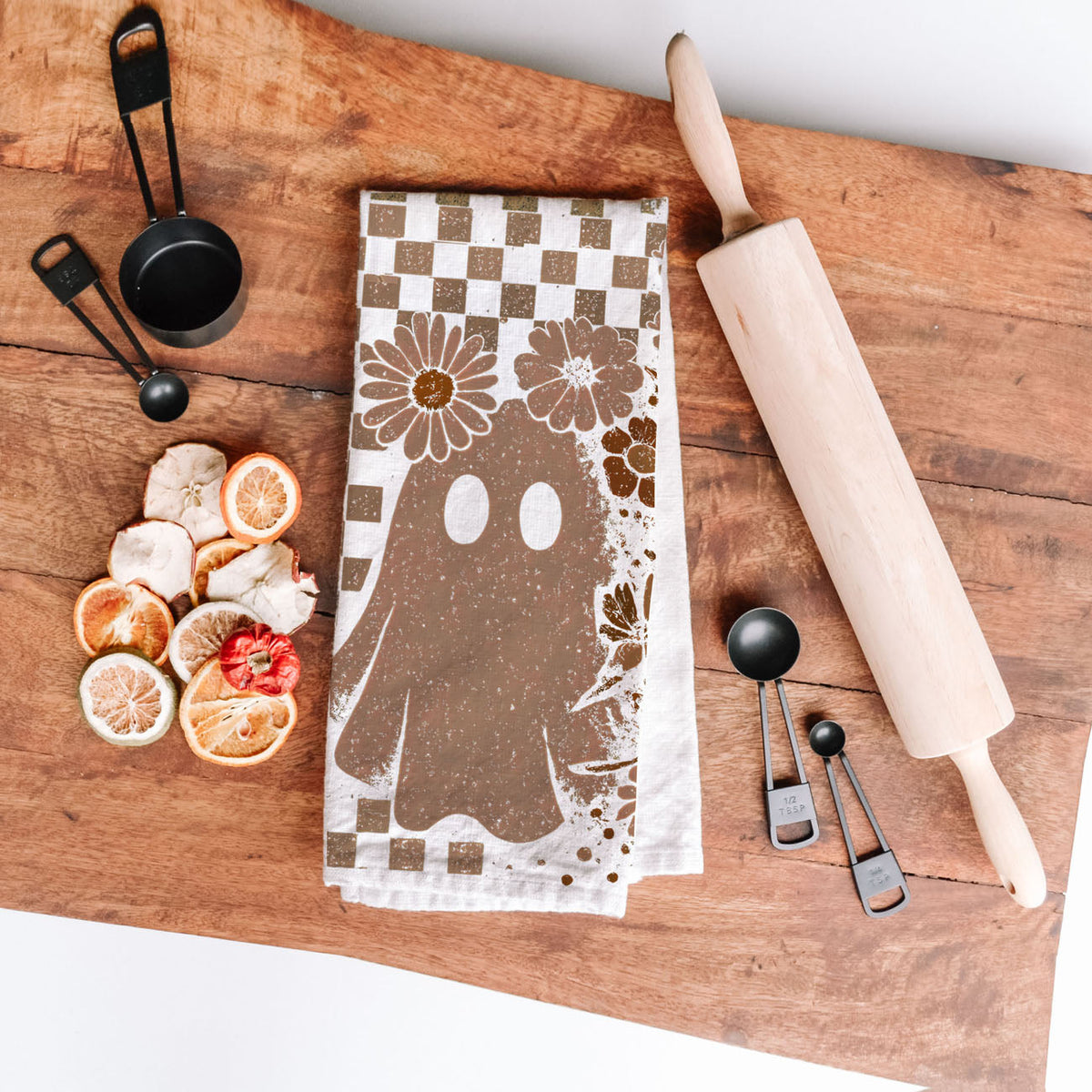 Retro Checkered Ghost & Skull Halloween Flour Sack Kitchen Towel