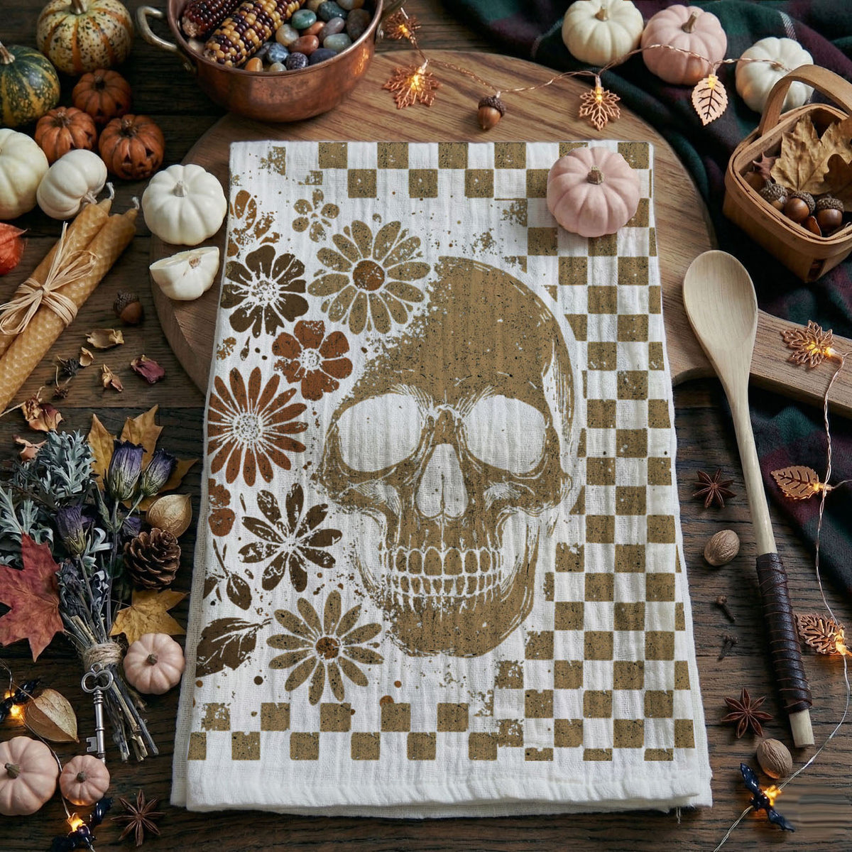 Retro Checkered Ghost & Skull Halloween Flour Sack Kitchen Towel