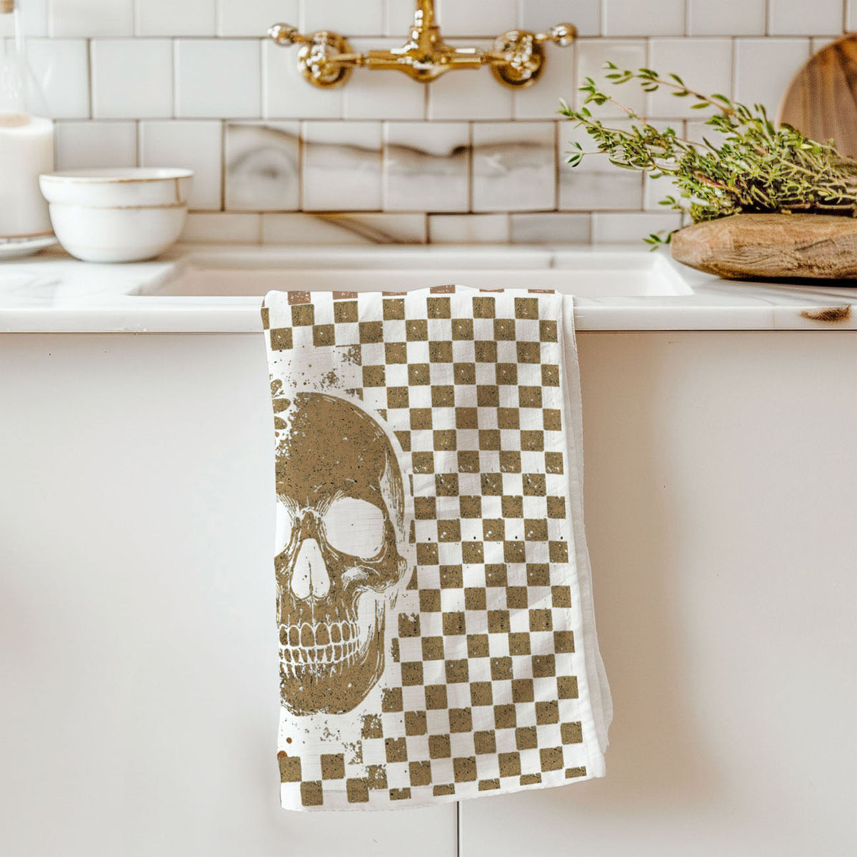 Retro Checkered Ghost & Skull Halloween Flour Sack Kitchen Towel