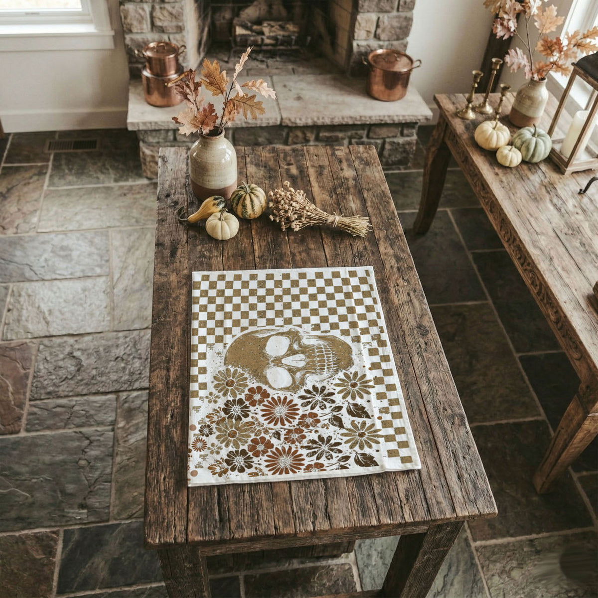 Retro Checkered Ghost & Skull Halloween Flour Sack Kitchen Towel