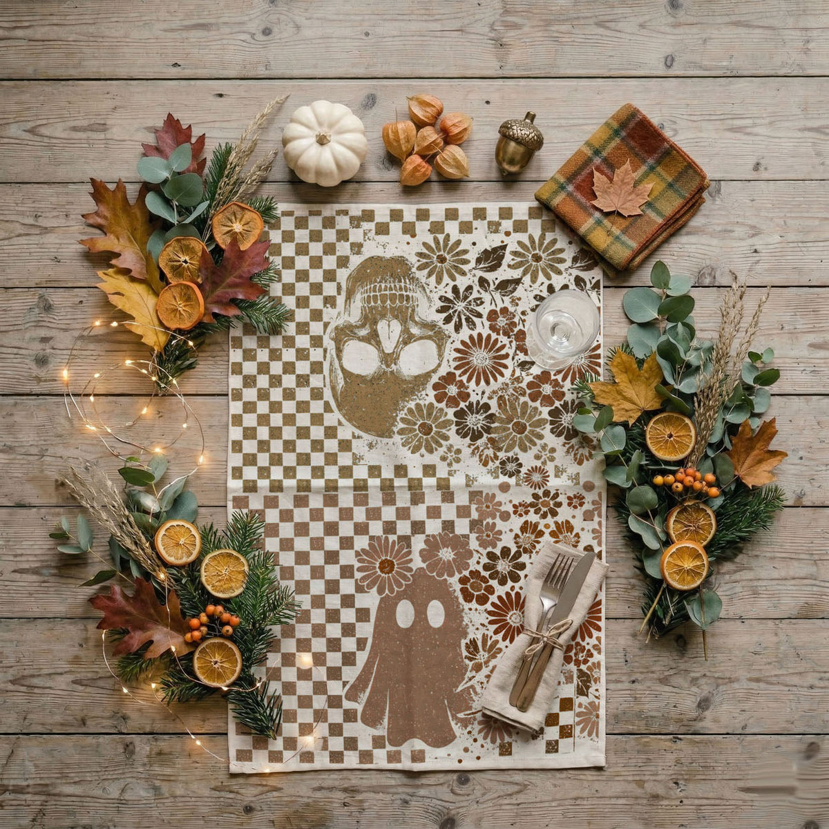 Retro Checkered Ghost & Skull Halloween Flour Sack Kitchen Towel