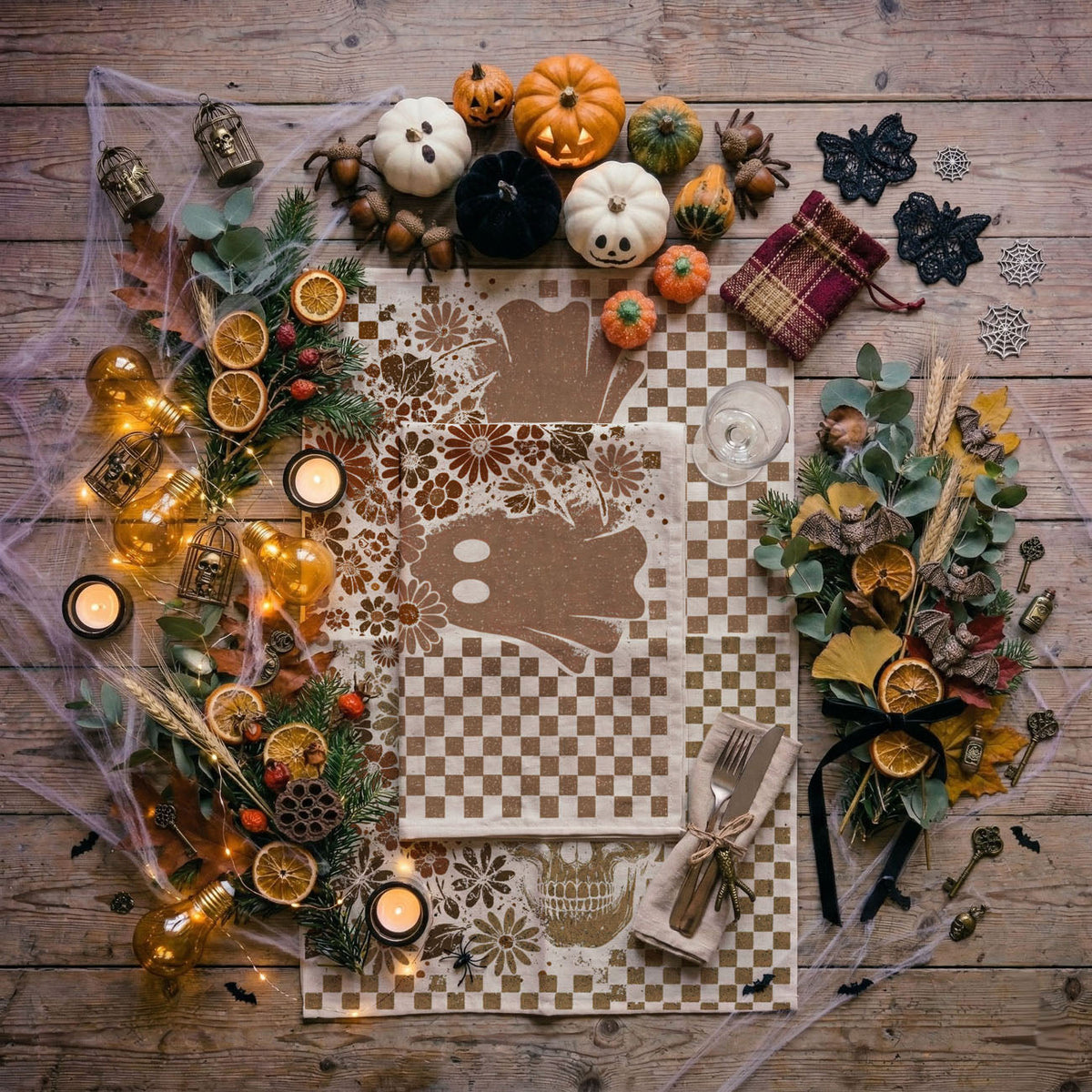 Retro Checkered Ghost & Skull Halloween Flour Sack Kitchen Towel